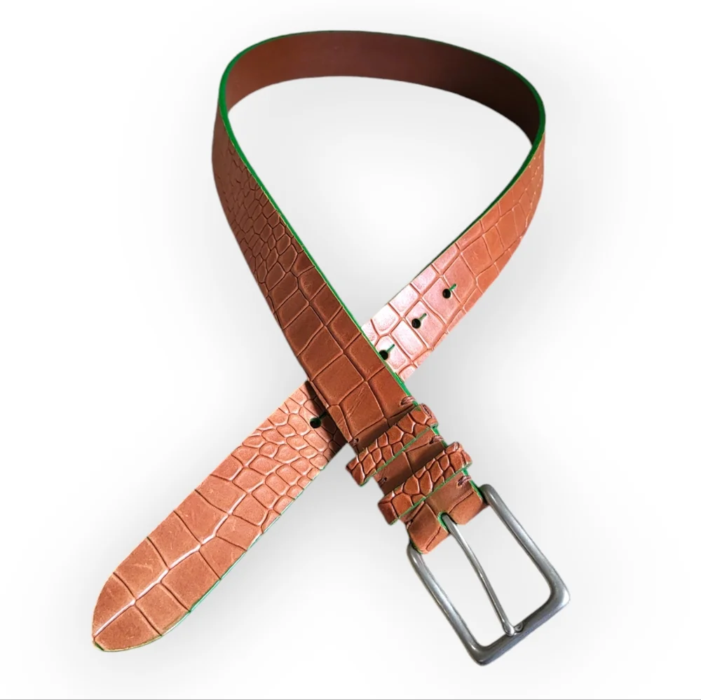 TORINO Italian Embossed Calf Leather Belt in Tan with Green Trim Size 34